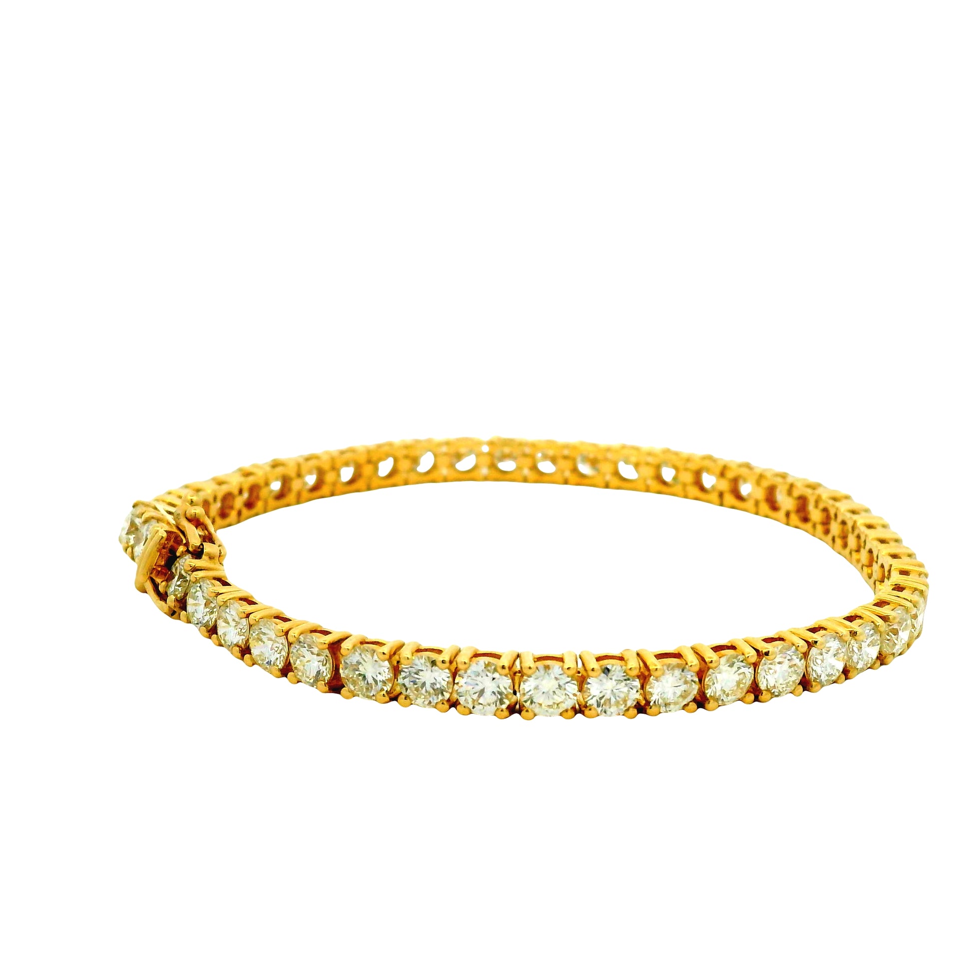 14k Yellow Gold 9.70ctw Round Brilliant Natural Diamond Tennis Bracelet — right three-quarter angle