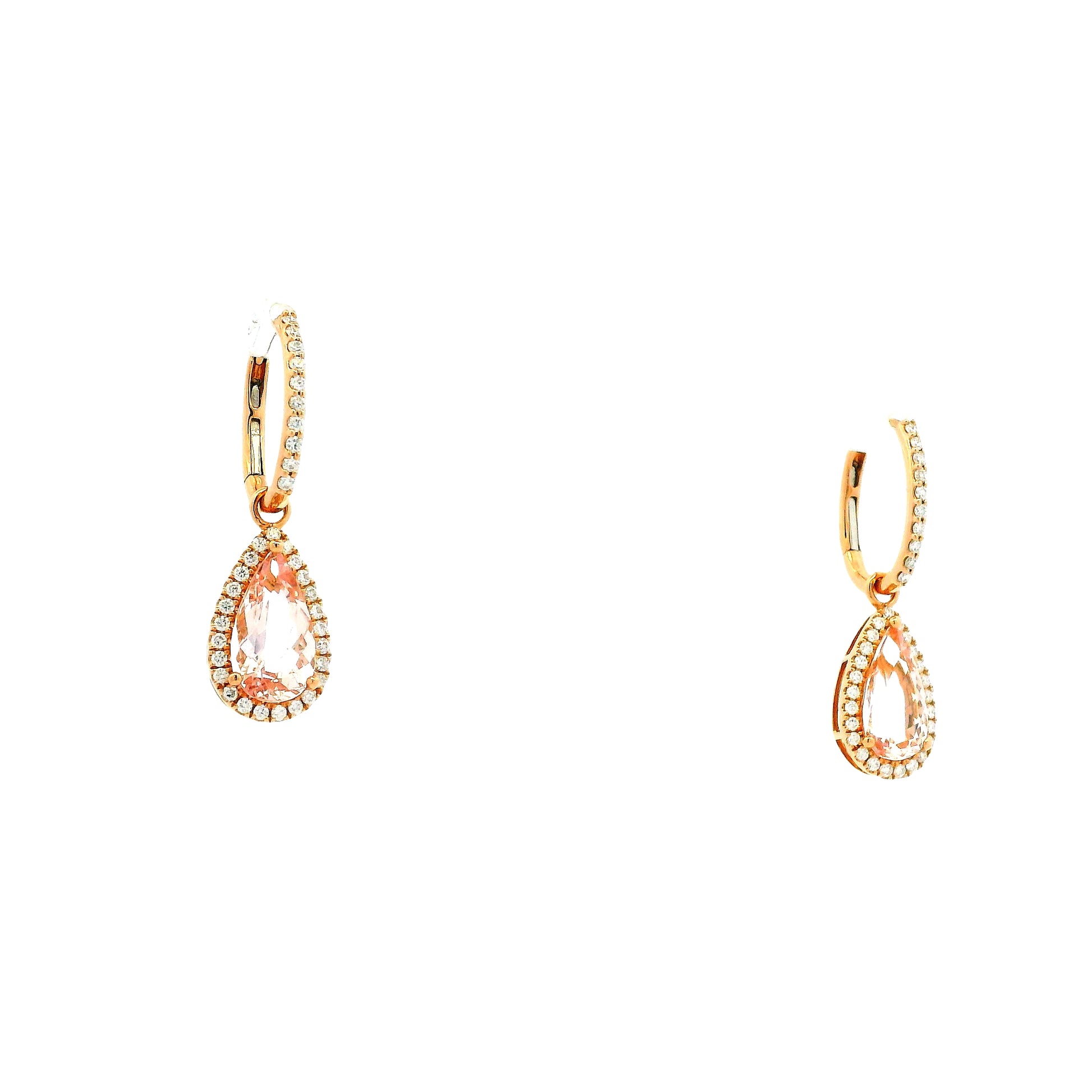 14k Rose Gold 3.44ctw Pear Cut Morganite and 0.49ctw Diamond Pavé Halo Drop Earrings — right three-quarter angle