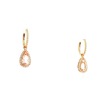 14k Rose Gold 3.44ctw Pear Cut Morganite and 0.49ctw Diamond Pavé Halo Drop Earrings — right three-quarter angle