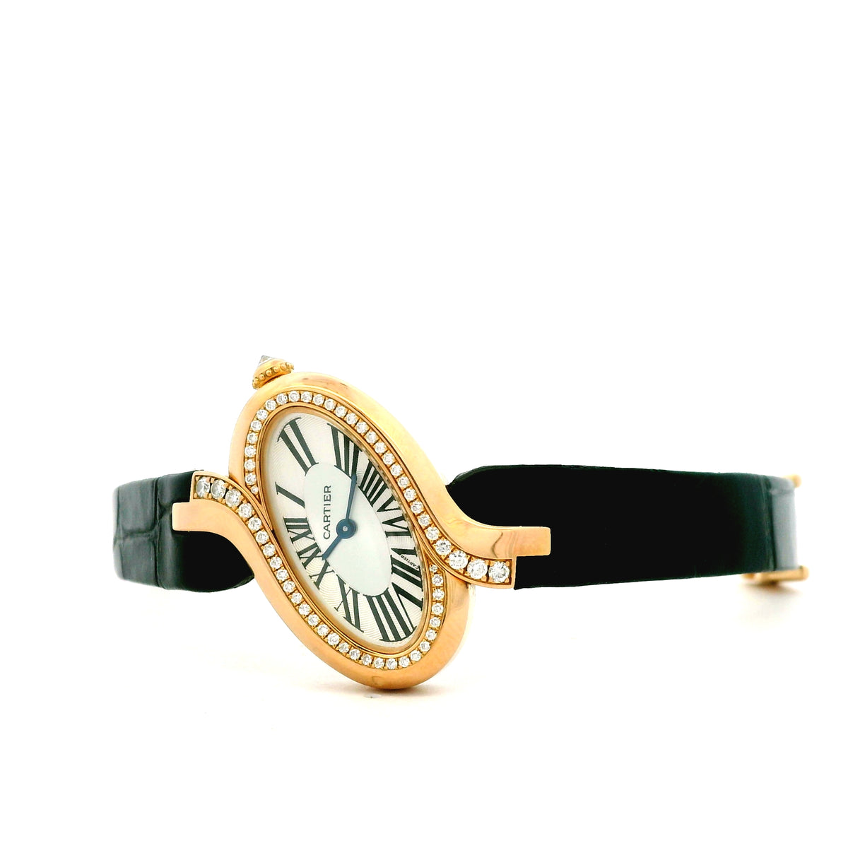 Cartier Délices 18k Rose Gold 30mm Diamond Bezel Watch — right side three-quarter view