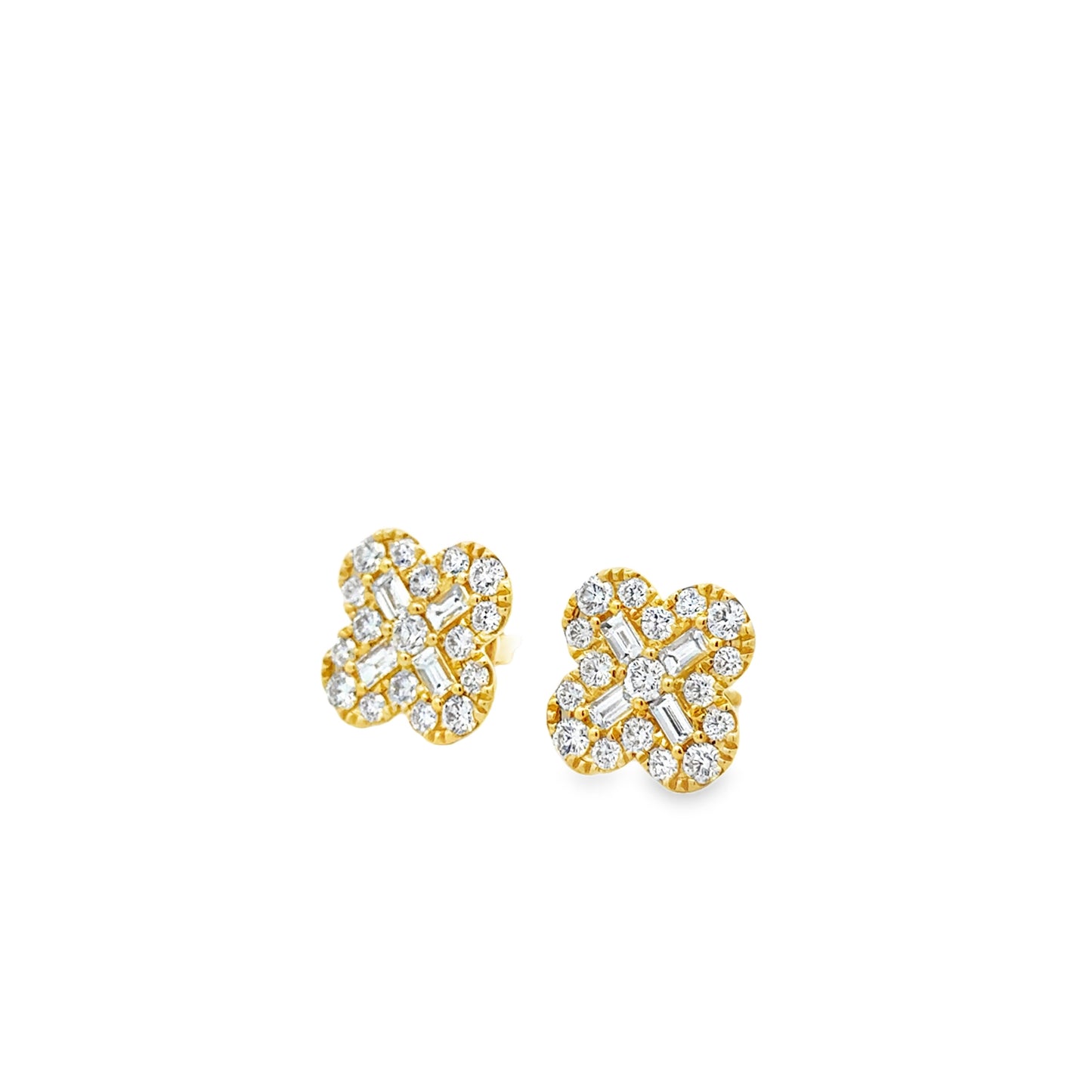 18k Yellow Gold 2.02ctw Round Brilliant and Baguette Diamond Clover Stud Earrings — right three-quarter angle