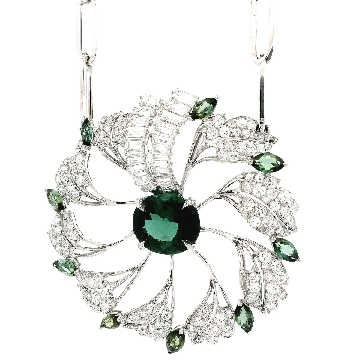 18k White Gold Tourmaline & 4.5ctw Diamond Floral Cluster Statement Paper Clip Necklace 25.5" — right three-quarter angle
