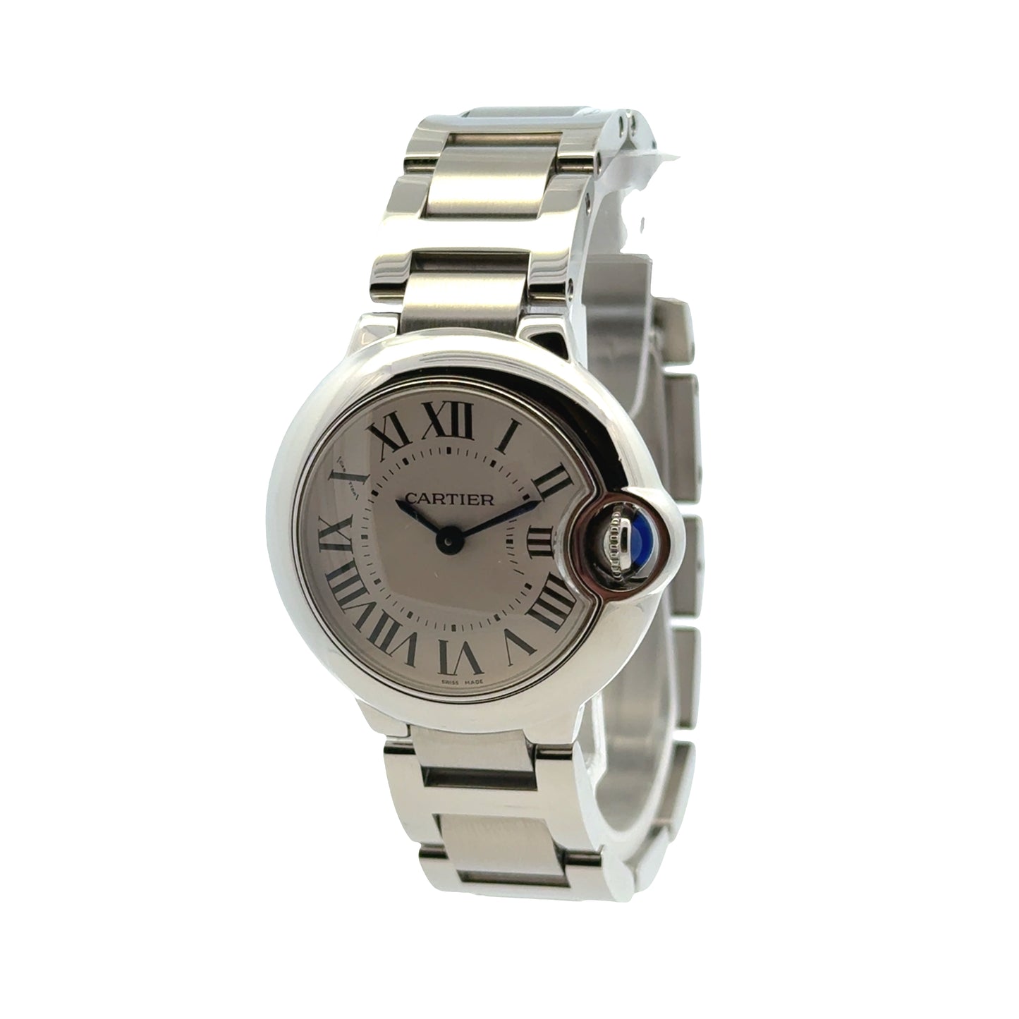 Cartier Ballon Bleu 28mm White Dial Stainless Steel Watch — right side three-quarter view