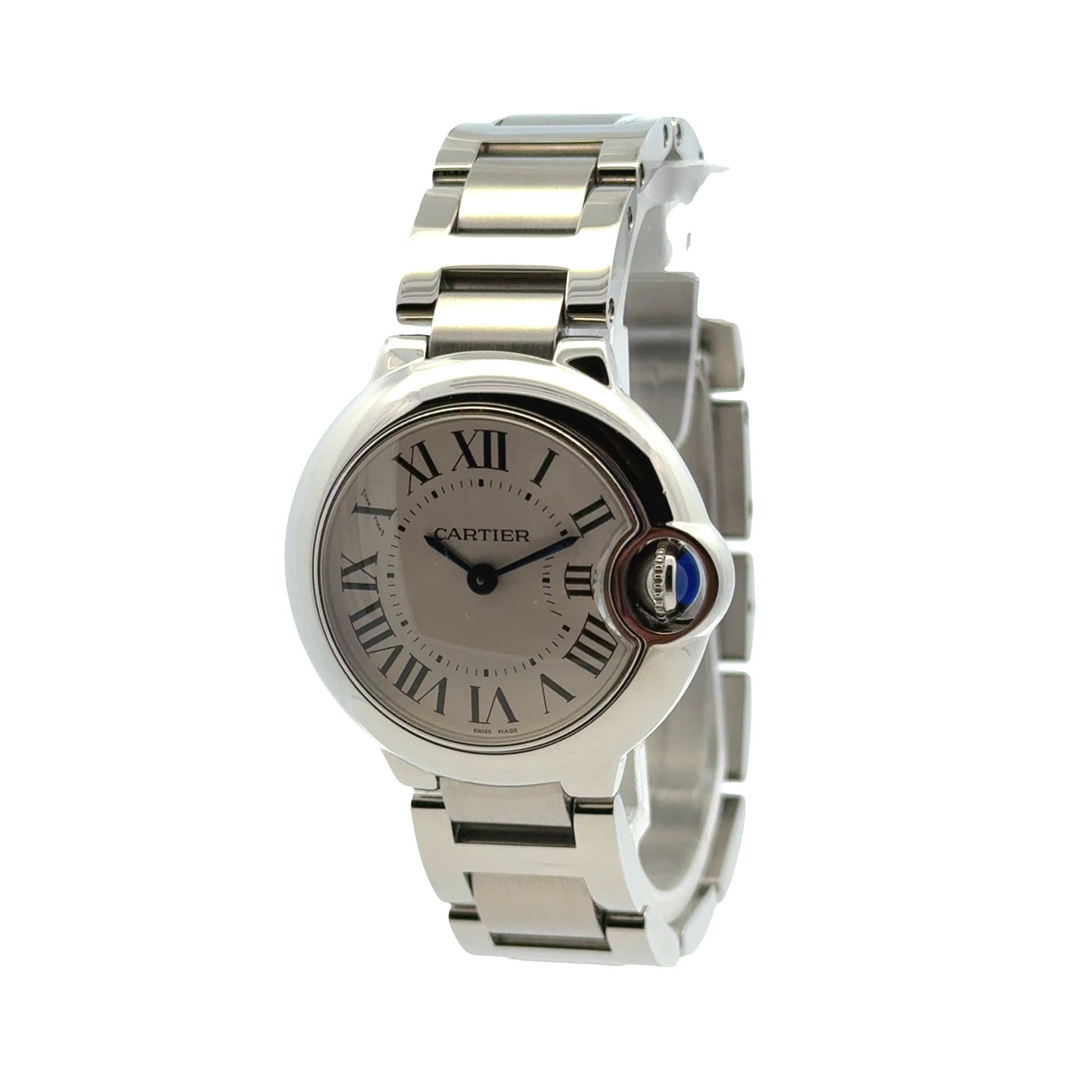 Cartier Ballon Bleu 28mm White Dial Stainless Steel Watch — right side three-quarter view