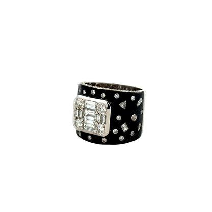18k White Gold 2.75ctw Round Brilliant and Baguette Diamond Black Enamel Cocktail Ring — right three-quarter angle