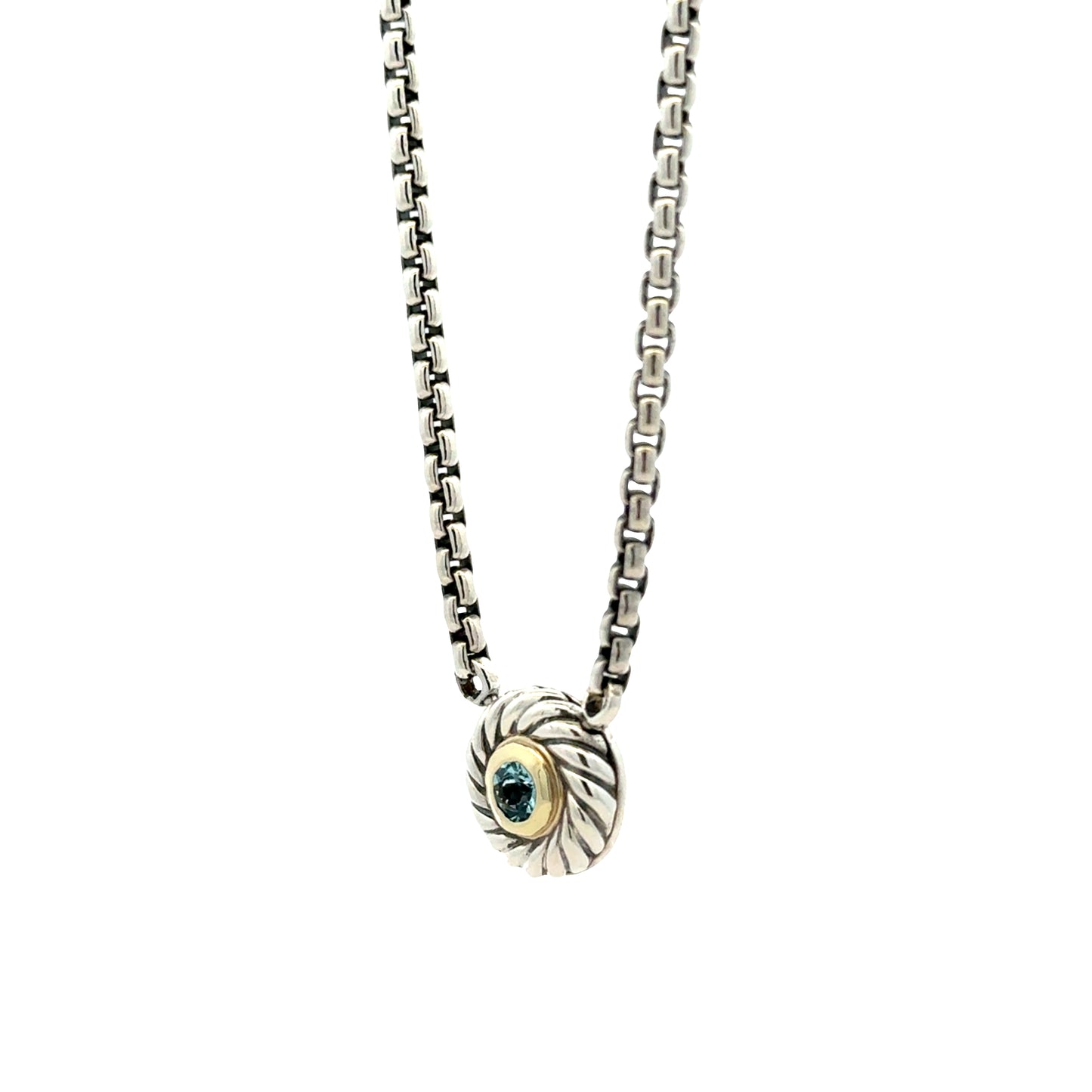 David Yurman Sterling Silver & 14k Gold Blue Topaz Classic Cable Cookie Pendant Necklace 16" — right three-quarter angle