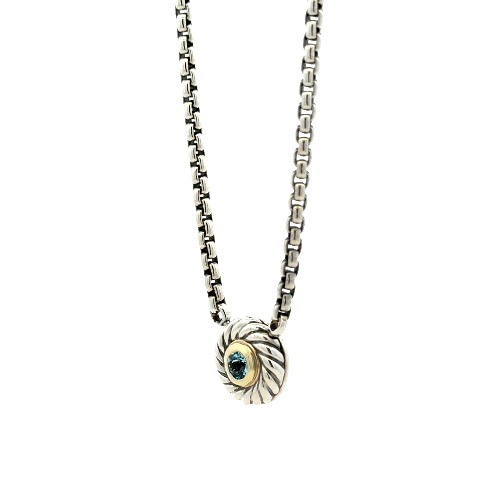 David Yurman Sterling Silver & 14k Gold Blue Topaz Classic Cable Cookie Pendant Necklace 16" — right three-quarter angle