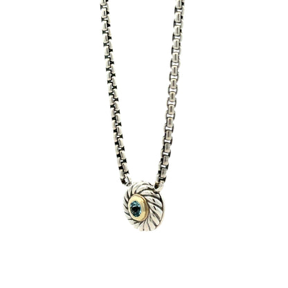 David Yurman Sterling Silver & 14k Gold Blue Topaz Classic Cable Cookie Pendant Necklace 16" — right three-quarter angle
