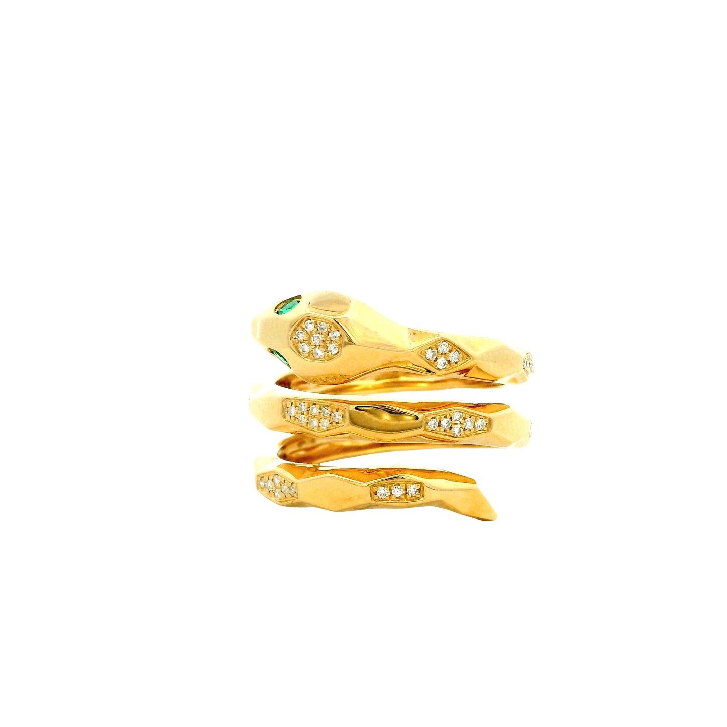 14k Yellow Gold 0.15ct Round Brilliant Diamond and 0.07ct Emerald Cut Diamond Snake Wrap Ring — right three-quarter angle