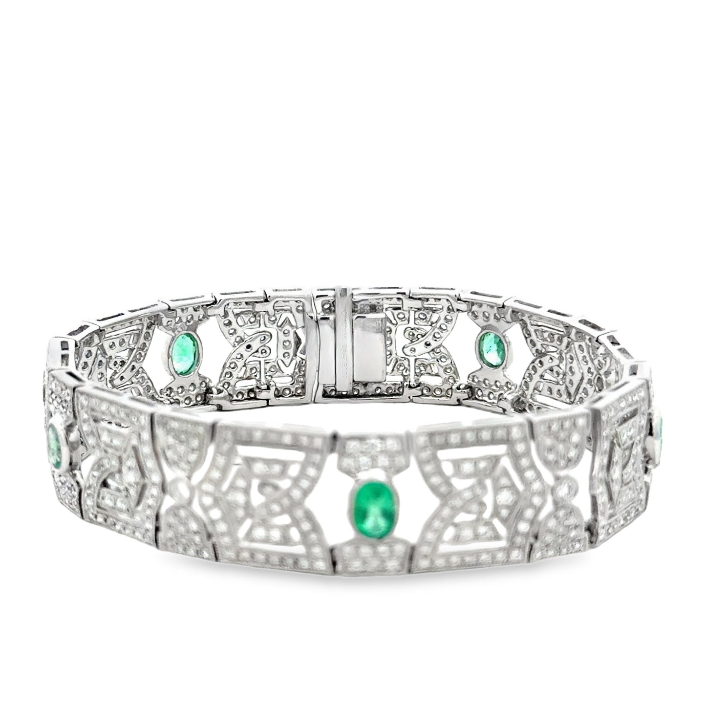 18k White Gold 4.47ctw Diamond Pavé and 0.83ct Emerald Art Deco Bracelet — right three-quarter angle