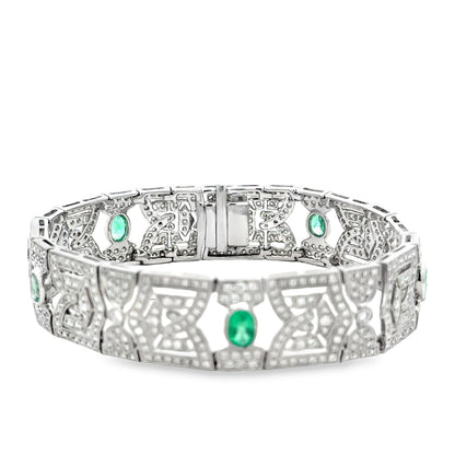 18k White Gold 4.47ctw Diamond Pavé and 0.83ct Emerald Art Deco Bracelet — right three-quarter angle