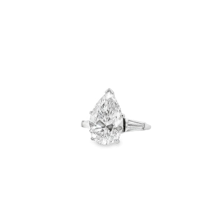 Platinum 4.69ct GIA Pear Cut Diamond Tapered Baguette Three-Stone Engagement Ring — right three-quarter angle