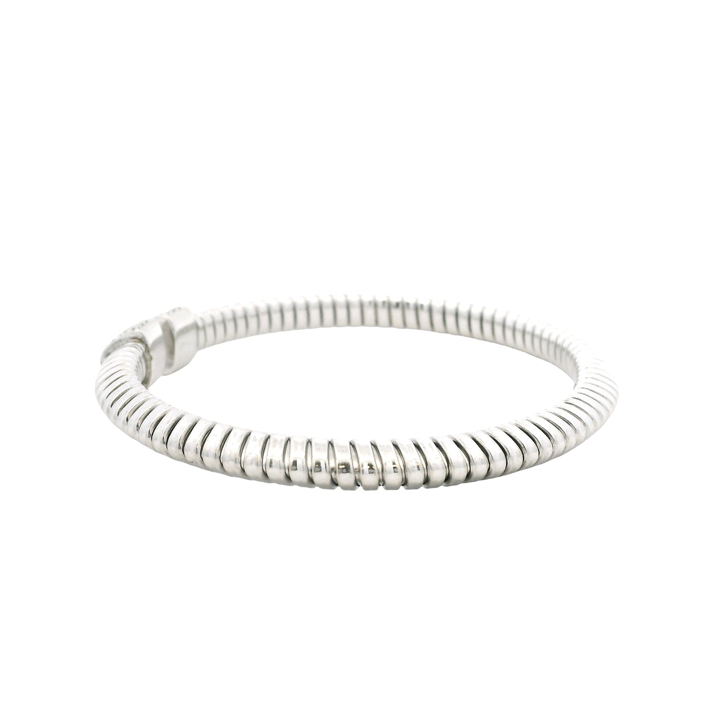 18k White Gold 0.48ctw Round Brilliant Diamond Ribbed Pavé Bangle Bracelet — right three-quarter angle