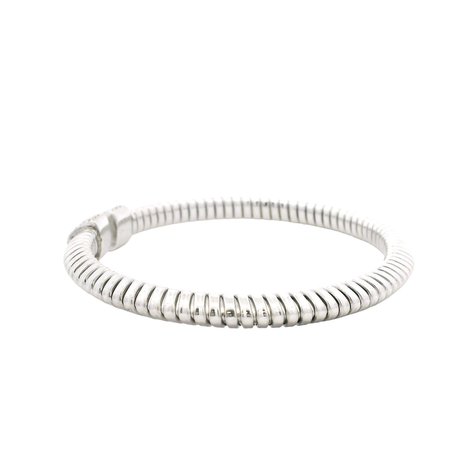 18k White Gold 0.48ctw Round Brilliant Diamond Ribbed Pavé Bangle Bracelet — right three-quarter angle