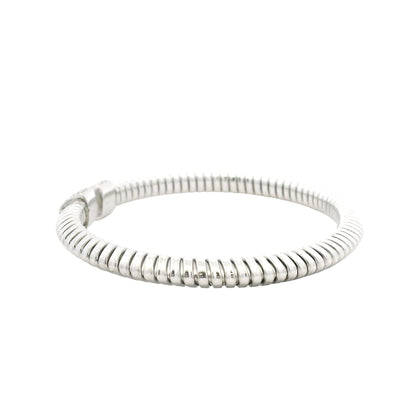 18k White Gold 0.48ctw Round Brilliant Diamond Ribbed Pavé Bangle Bracelet — right three-quarter angle