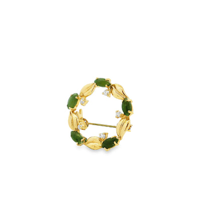 14k Yellow Gold Jade and Diamond Floral Wreath Brooch Pin — right three-quarter angle