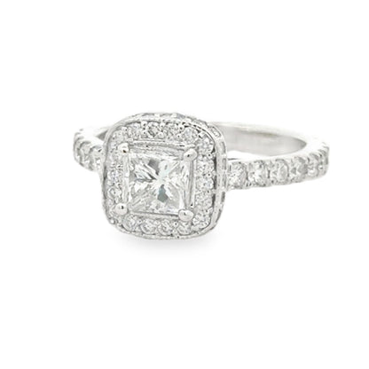 18k White Gold 0.72ct Princess Cut Diamond Halo Engagement Ring — right three-quarter angle