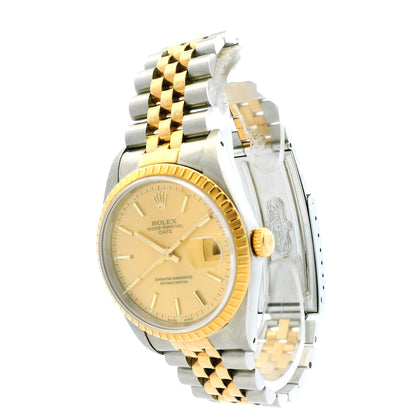 Rolex 15223 Datejust 34mm Champagne Dial Two Tone Jubilee Watch — right side three-quarter view