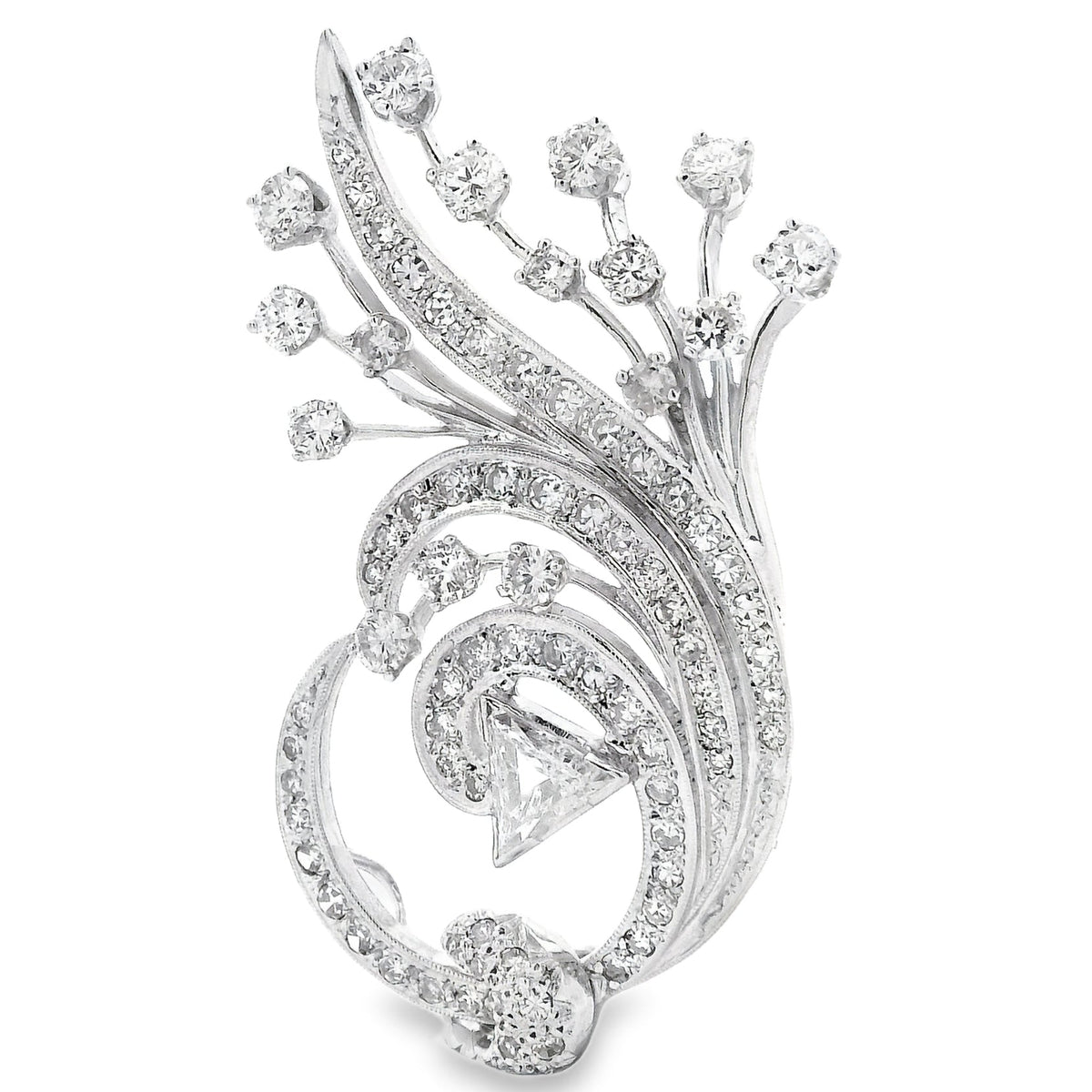 14k White Gold 4.5ctw Round Brilliant and Pear Diamond Pavé Brooch — right three-quarter angle