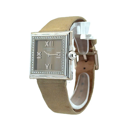 Patek Philippe 4868G 28mm Gray Dial 18k White Gold Diamond Bezel Watch — right side three-quarter view