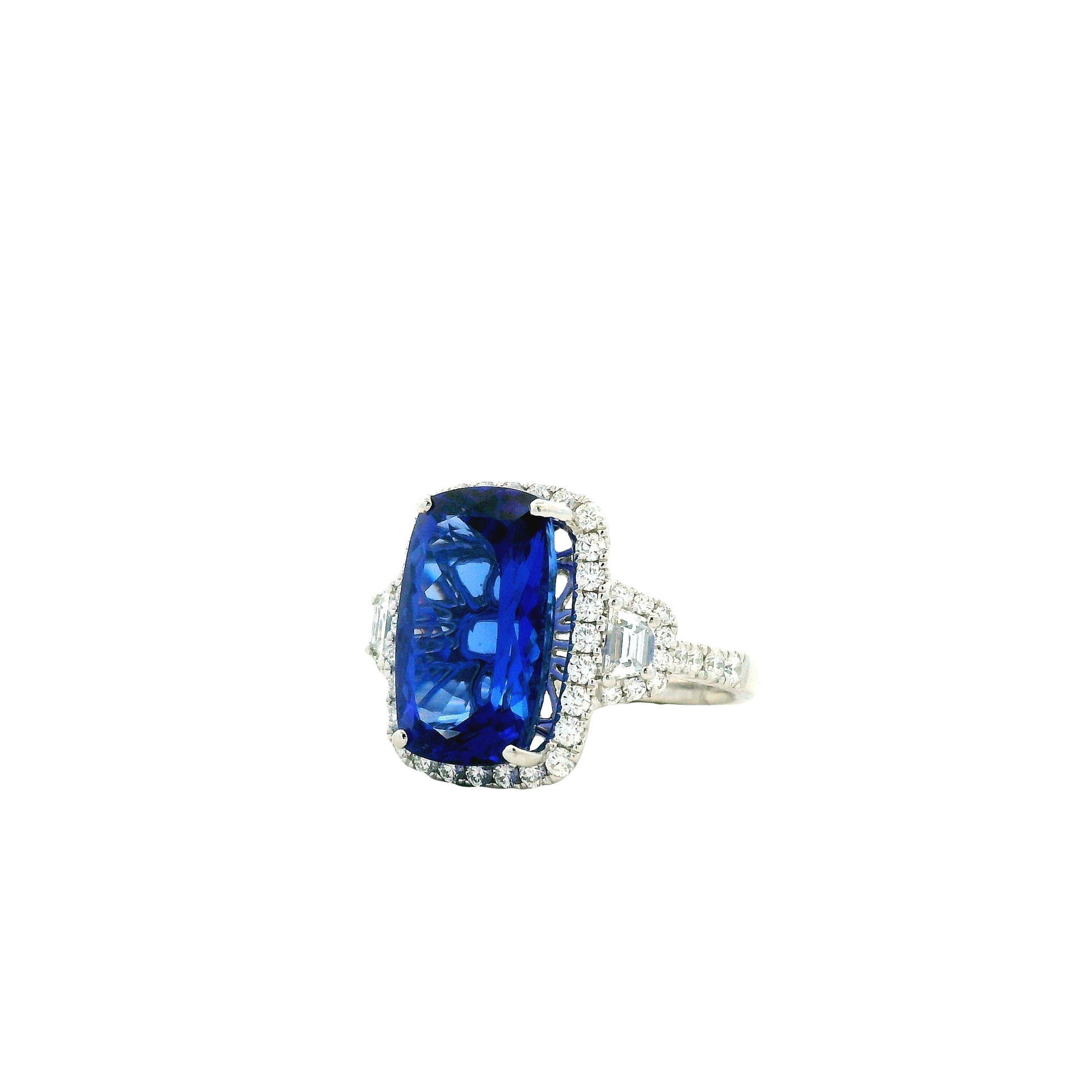 Platinum 9.35ct Cushion Cut Tanzanite and Diamond Halo Cocktail Ring — right three-quarter angle