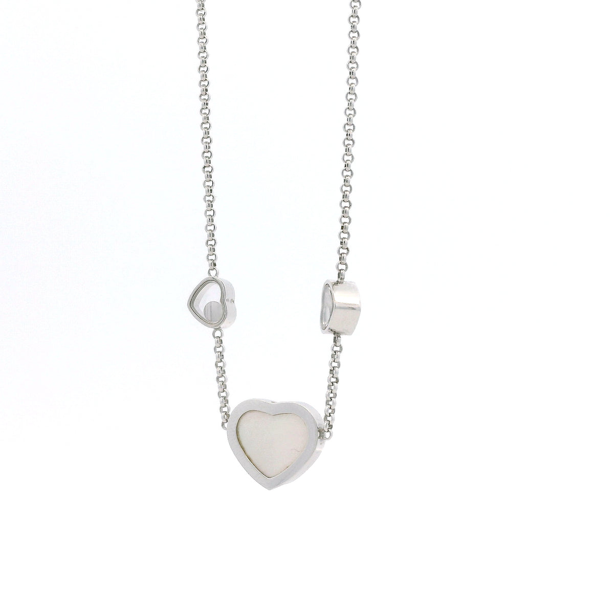 Chopard Happy Hearts 18k White Gold Diamond Mother of Pearl Heart Pendant Necklace — right side three-quarter view
