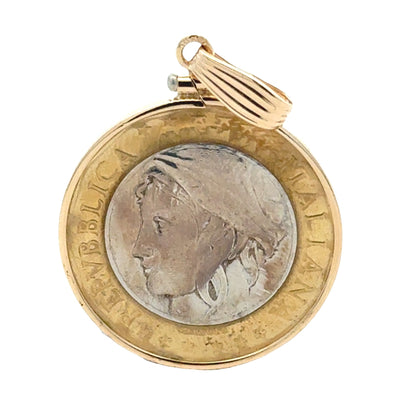 14k Yellow Gold Repubblica Italiana Coin Pendant — right three-quarter angle