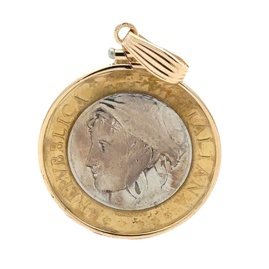 14k Yellow Gold Repubblica Italiana Coin Pendant — right three-quarter angle