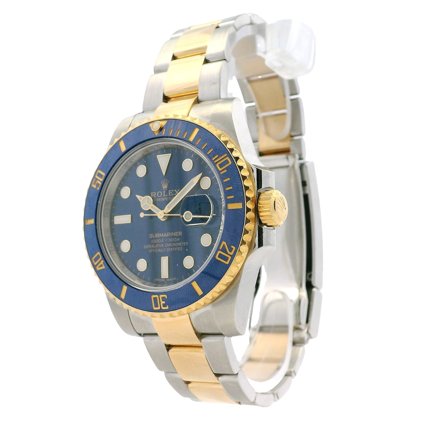 Rolex 116613LB Submariner 40mm Blue Dial Two-Tone Oyster Bracelet Watch — right side three-quarter view