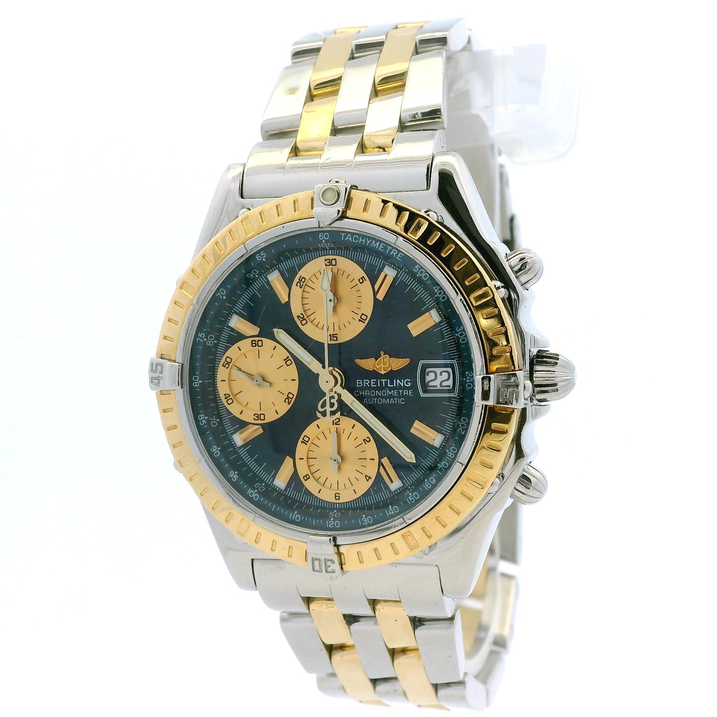 Breitling D13352 Chronomat 39mm Blue Dial Two-Tone Watch — right side three-quarter view