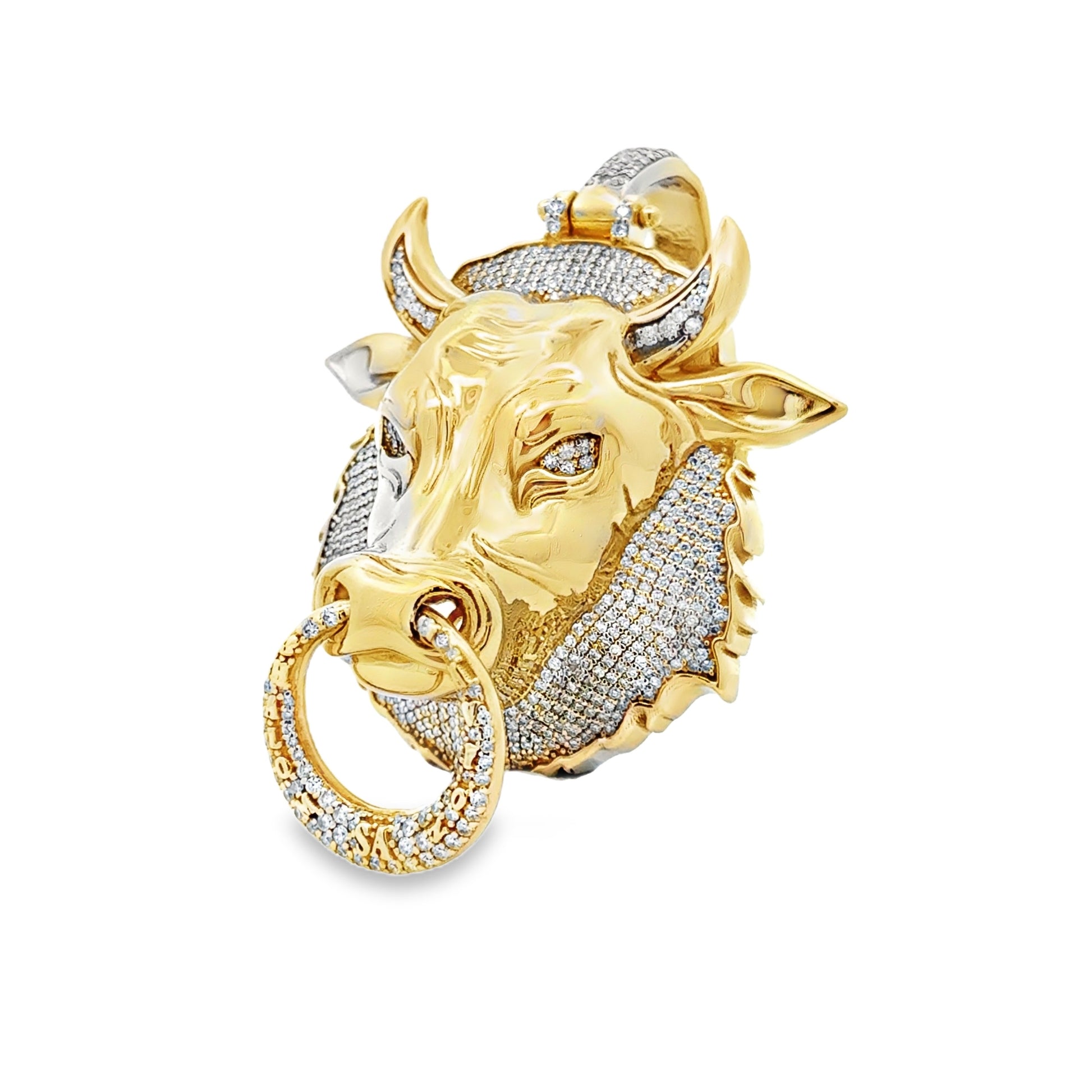 10k Yellow & White Gold Two-Tone Bull Head Pendant with 4ctw Pavé Diamonds — right side three-quarter view