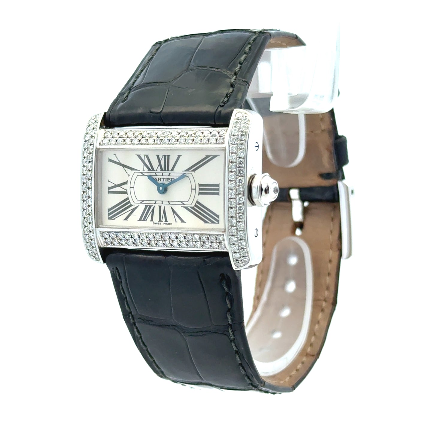 Cartier Tank Divan Mini 32mm Aftermarket Diamond Bezel Stainless Steel Watch — right side three-quarter view