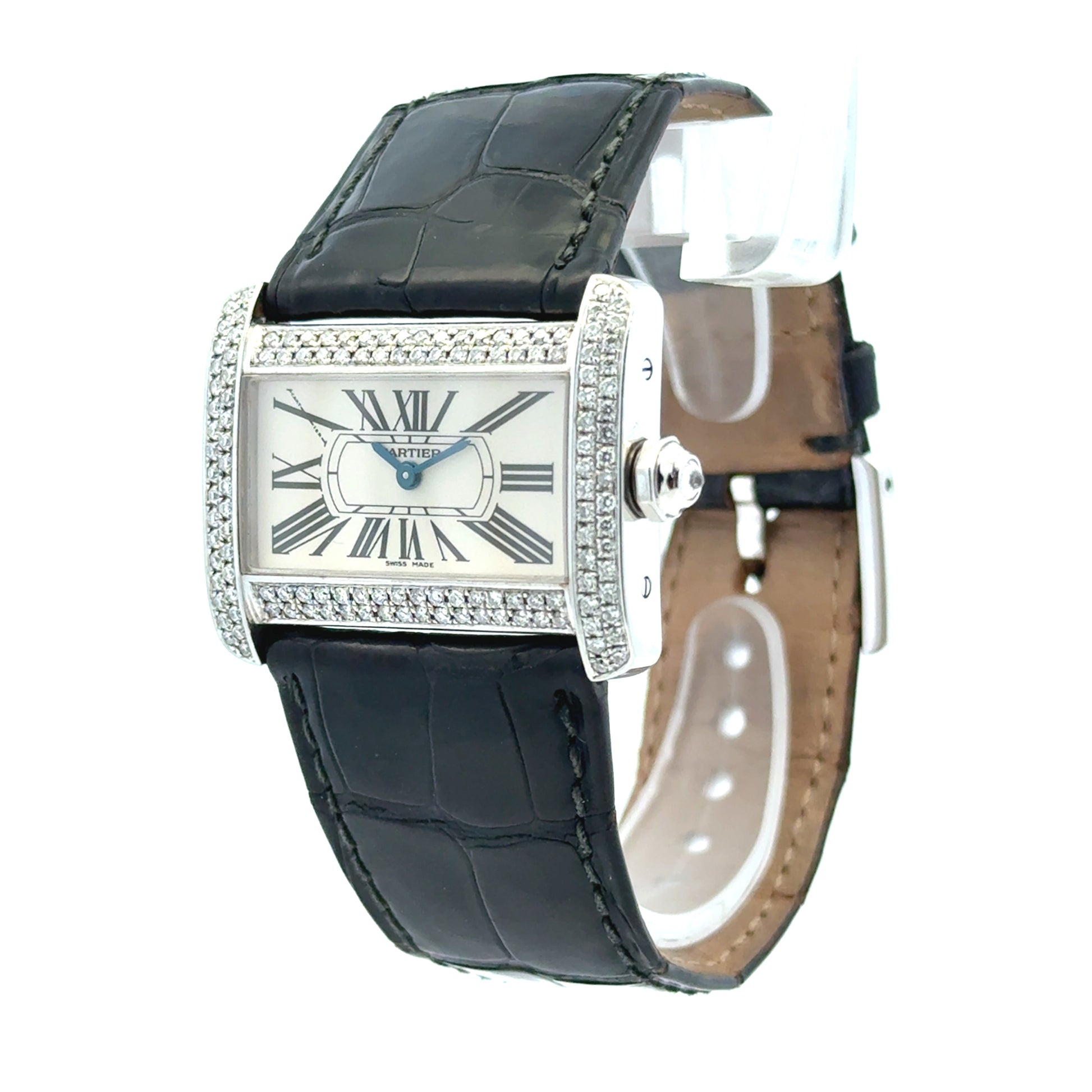 Cartier Tank Divan Mini 32mm Aftermarket Diamond Bezel Stainless Steel Watch — right side three-quarter view