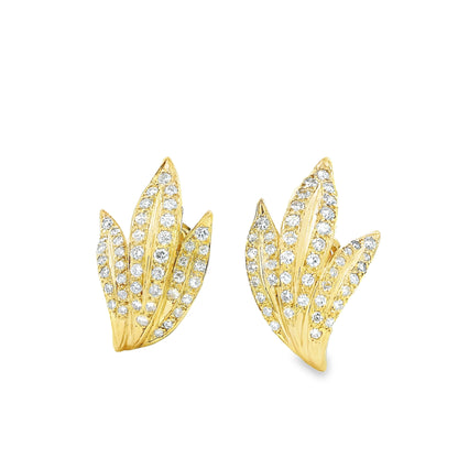 18k Yellow Gold 2.50ctw Round Brilliant Diamond Pavé Leaf Motif Earrings — right three-quarter angle