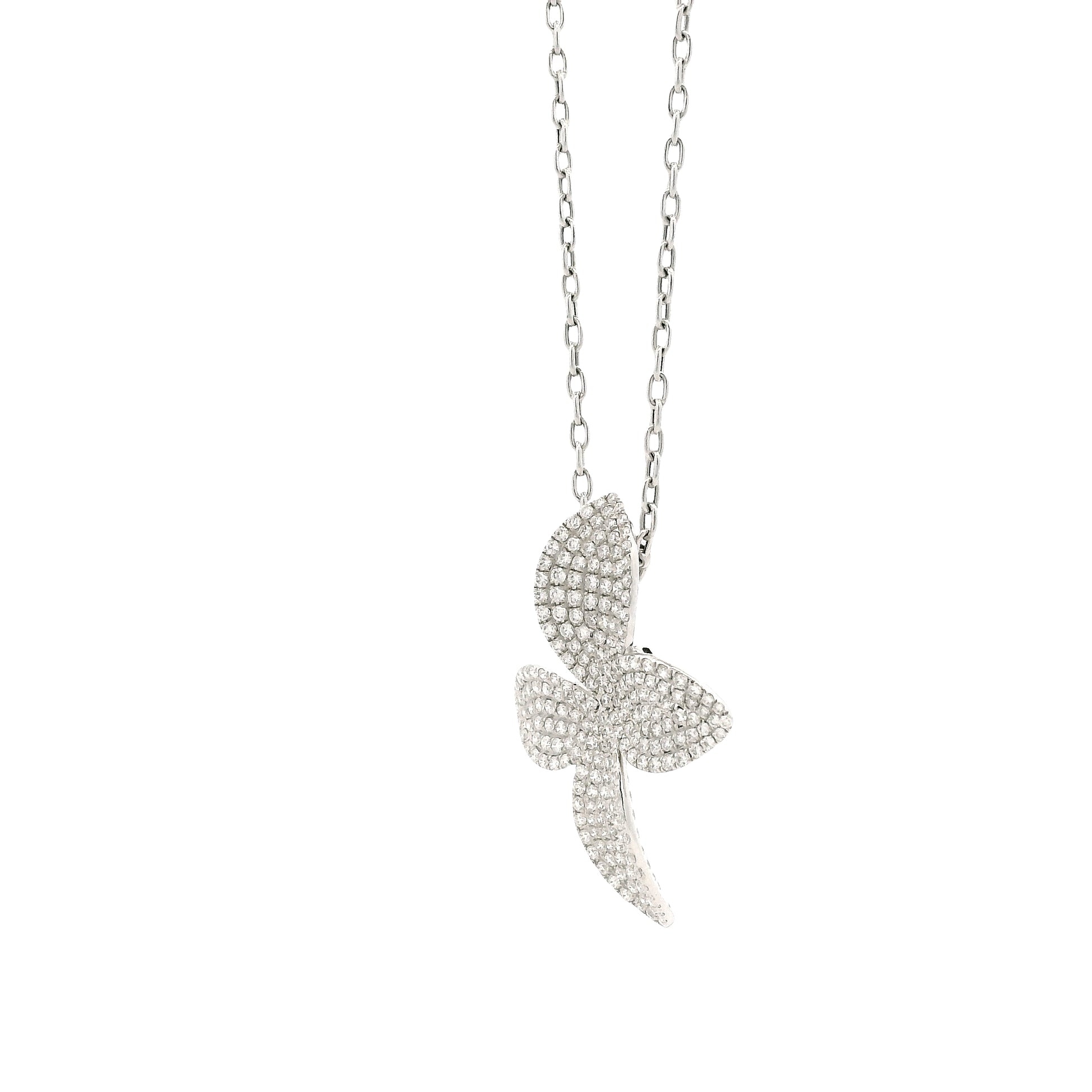 18k White Gold 1.44ctw Round Brilliant Diamond Pavé Flower Pendant Necklace — right three-quarter angle