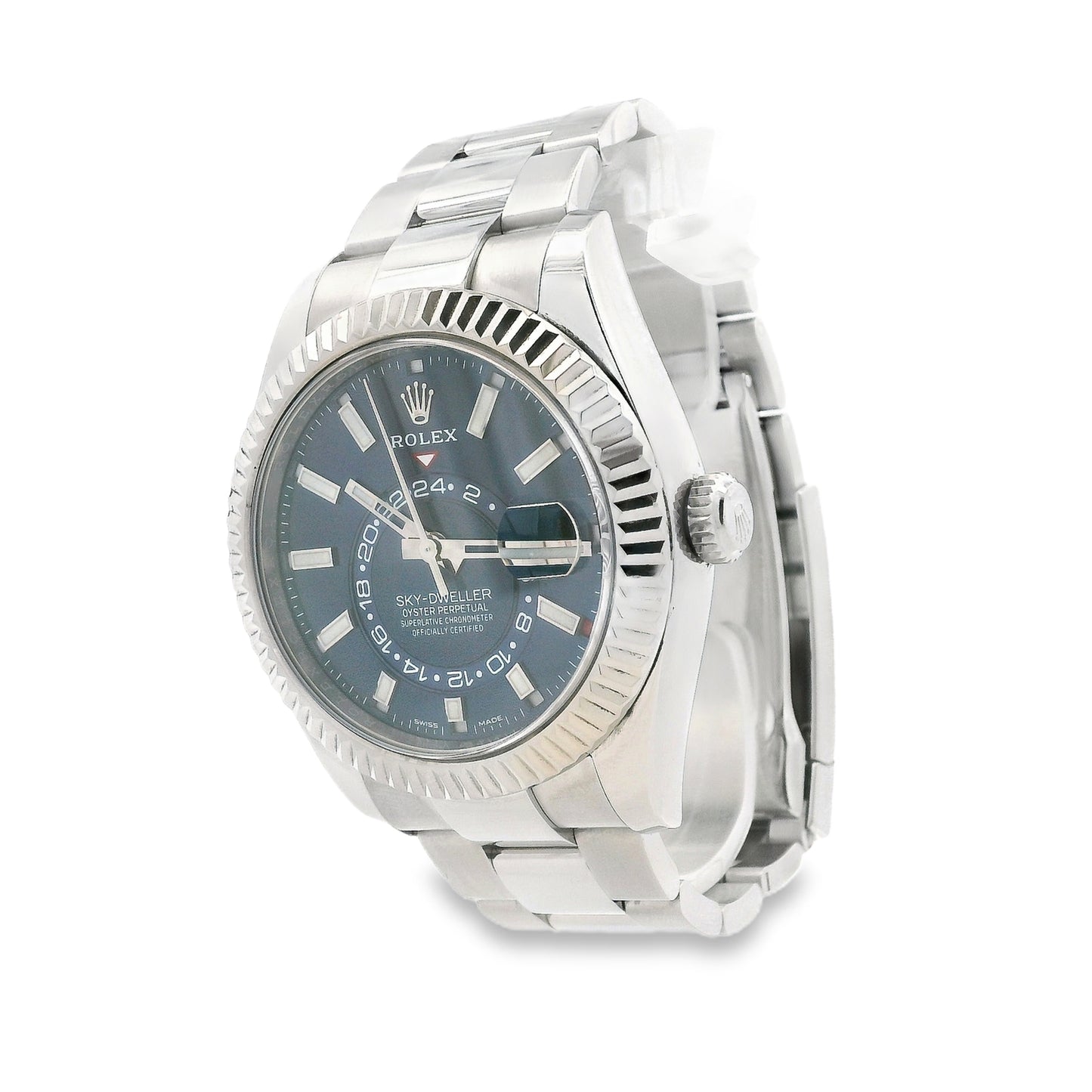 Rolex 326934 Sky-Dweller 42mm Blue Dial Stainless Steel Watch — right side three-quarter view