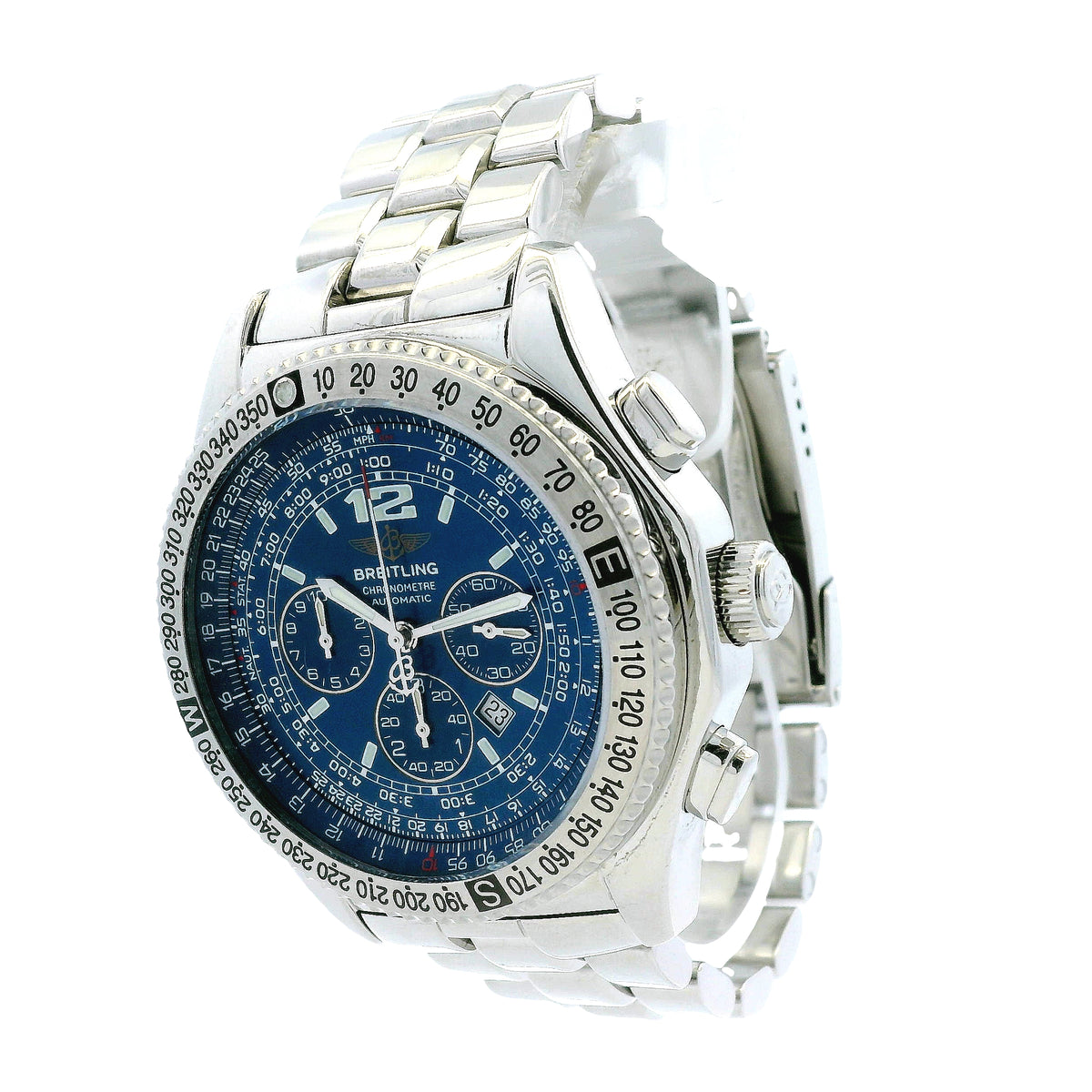 Breitling A42362 Stainless Steel Blue Chronograph Dial Watch — right side three-quarter view