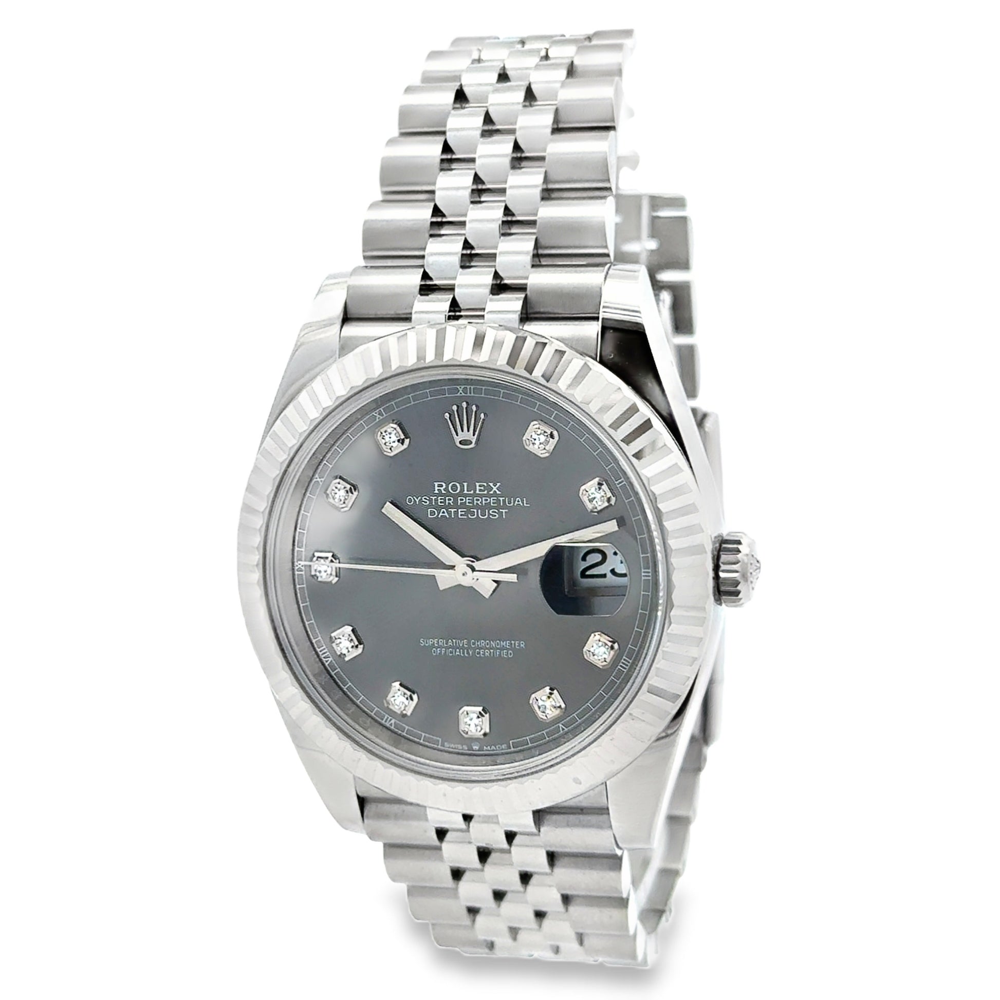 Rolex 126334 Datejust 41mm Diamond Slate Dial Two-Tone Jubilee Watch — right side three-quarter view