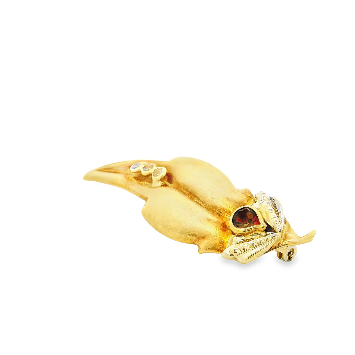18k Yellow Gold Figural Bird Brooch with 0.27ctw Diamond and Red Stone Accent — right three-quarter angle