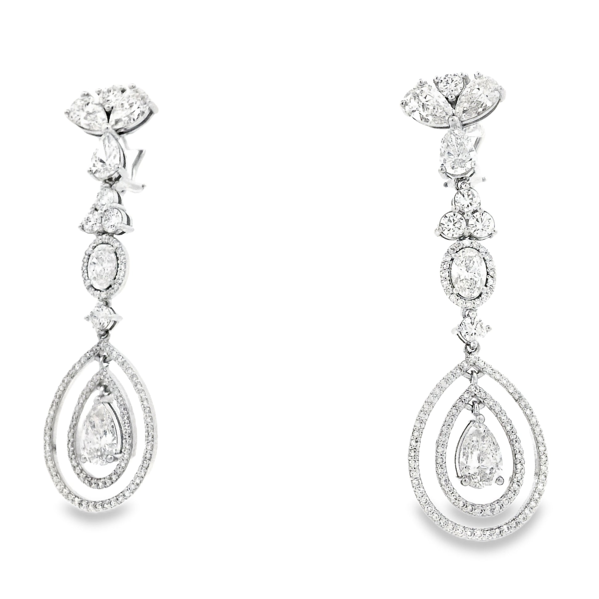18k White Gold 12.68ctw Pear Oval and Round Brilliant Diamond Drop Earrings — right three-quarter angle