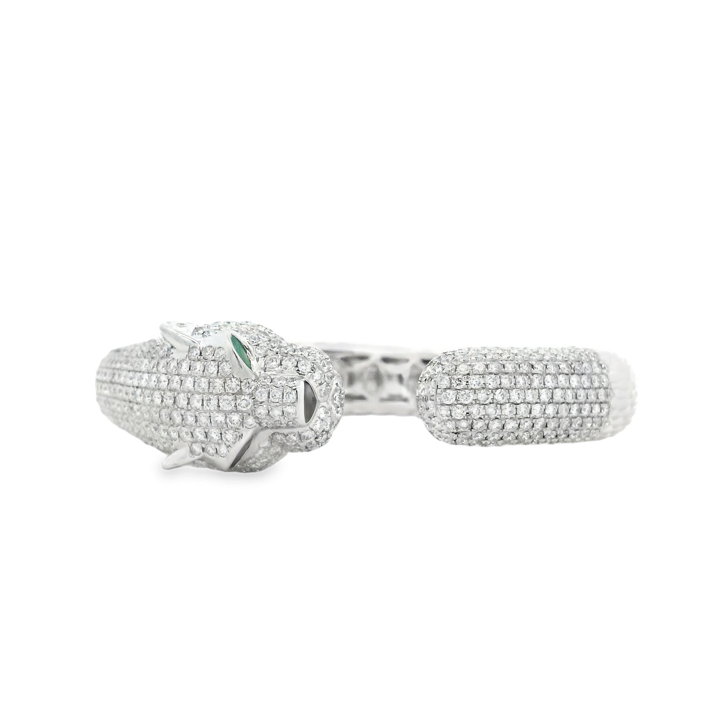 18k White Gold 0.31ctw Emerald and 10.57ctw Round Diamond Pavé Panther Hinged Bangle Bracelet — right three-quarter angle