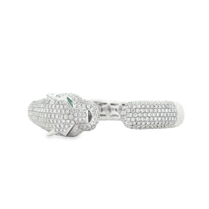 18k White Gold 0.31ctw Emerald and 10.57ctw Round Diamond Pavé Panther Hinged Bangle Bracelet — right three-quarter angle