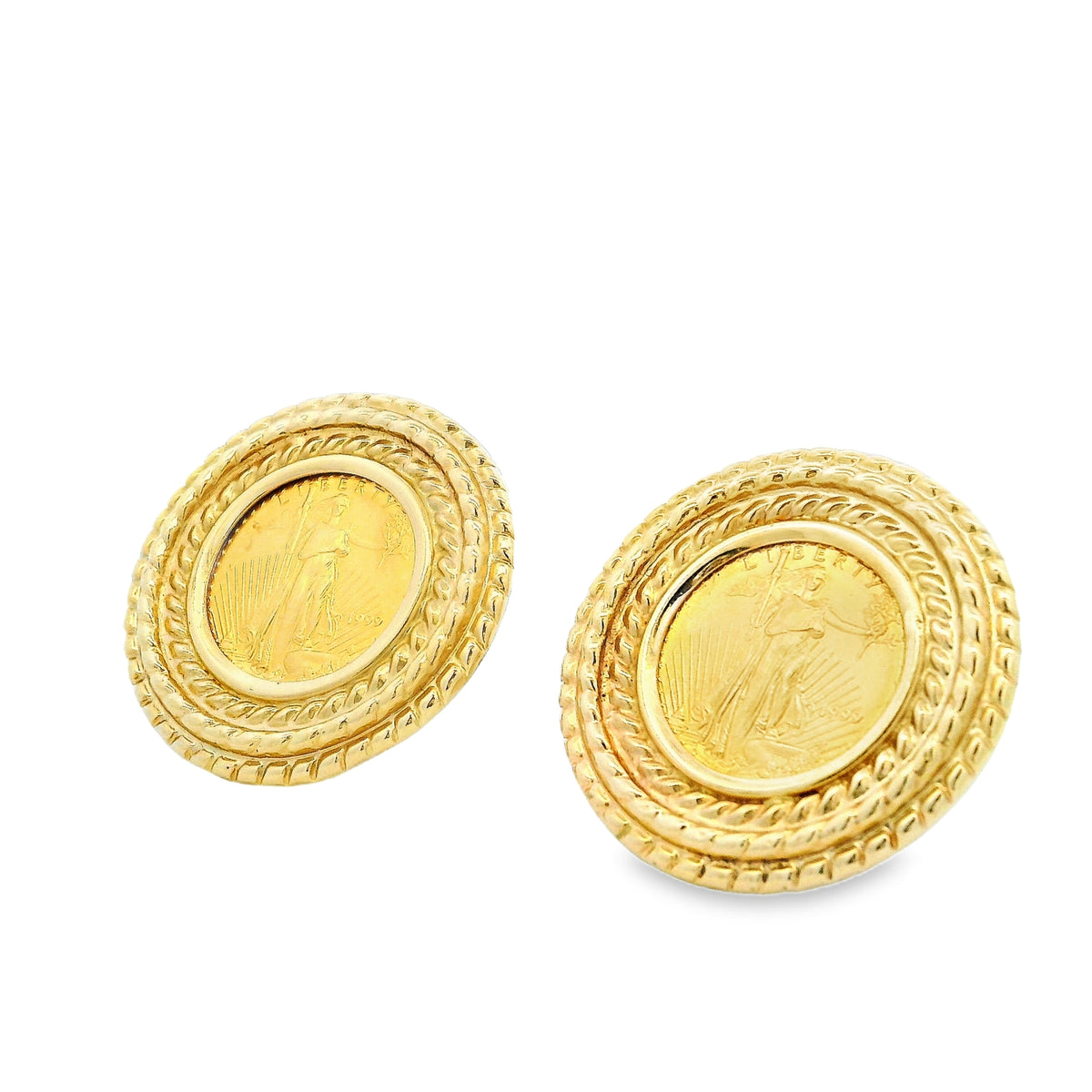 14k Yellow Gold 1999 $5 Liberty Coin Clip-Back Earrings — right three-quarter angle