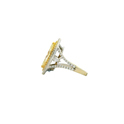 18k Two-Tone Gold 2.01ct Fancy Yellow Marquise Diamond Double Halo Ring with 0.76ctw Accent… — right three-quarter angle
