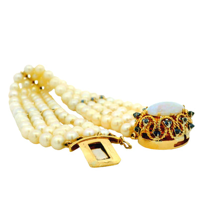 14k Yellow Gold 4-Strand Natural Pearl Bracelet with Opal and Natural Sapphire Cluster… — right three-quarter angle