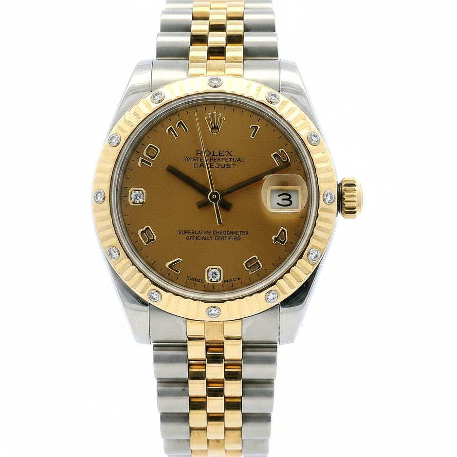 Rolex 178313 Datejust 31mm Champagne MOP Diamond Dial Diamond Bezel Two-Tone Watch — right side three-quarter view