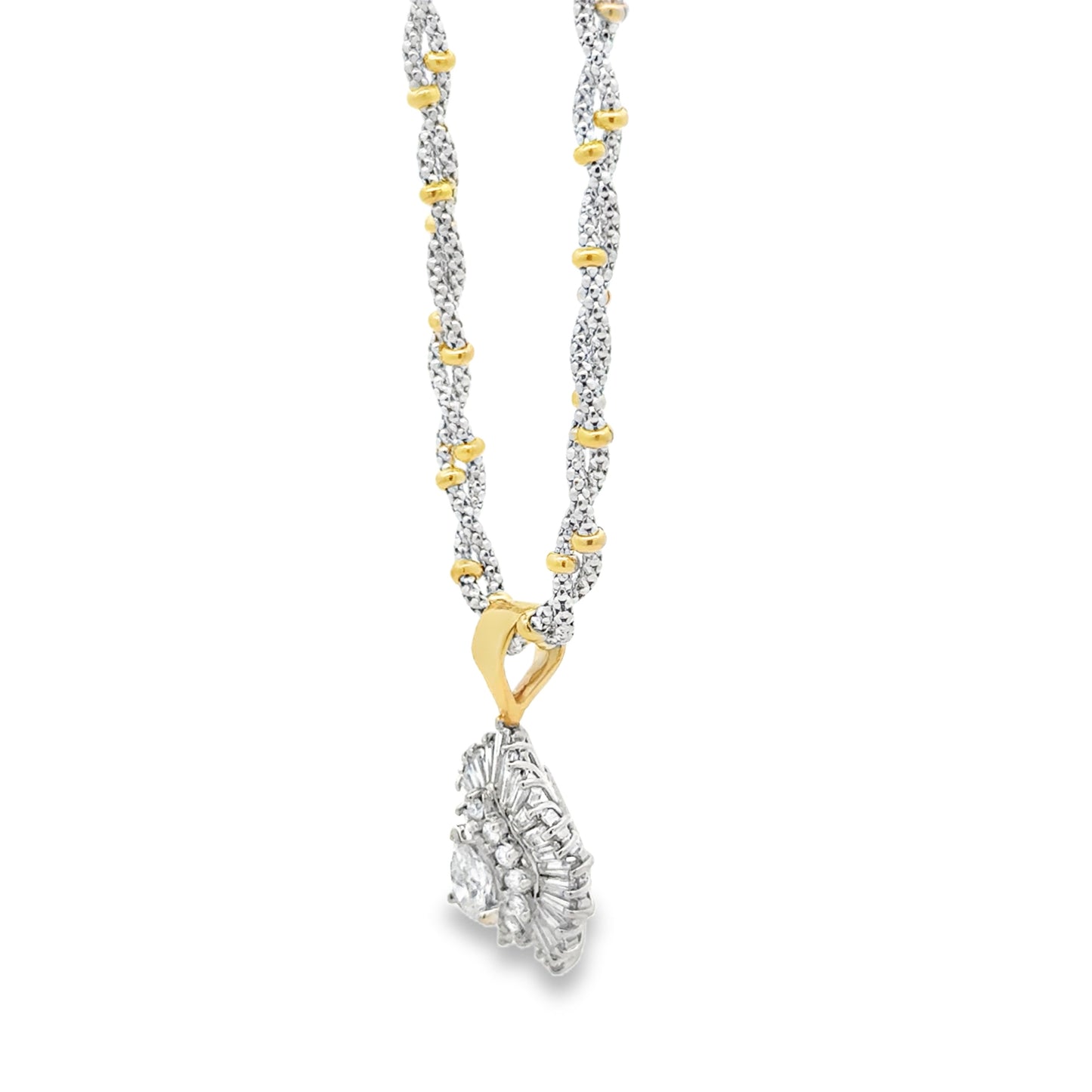 14k Two-Tone Gold 3.00ctw Pear, Round & Baguette Diamond Pendant Necklace — right three-quarter angle