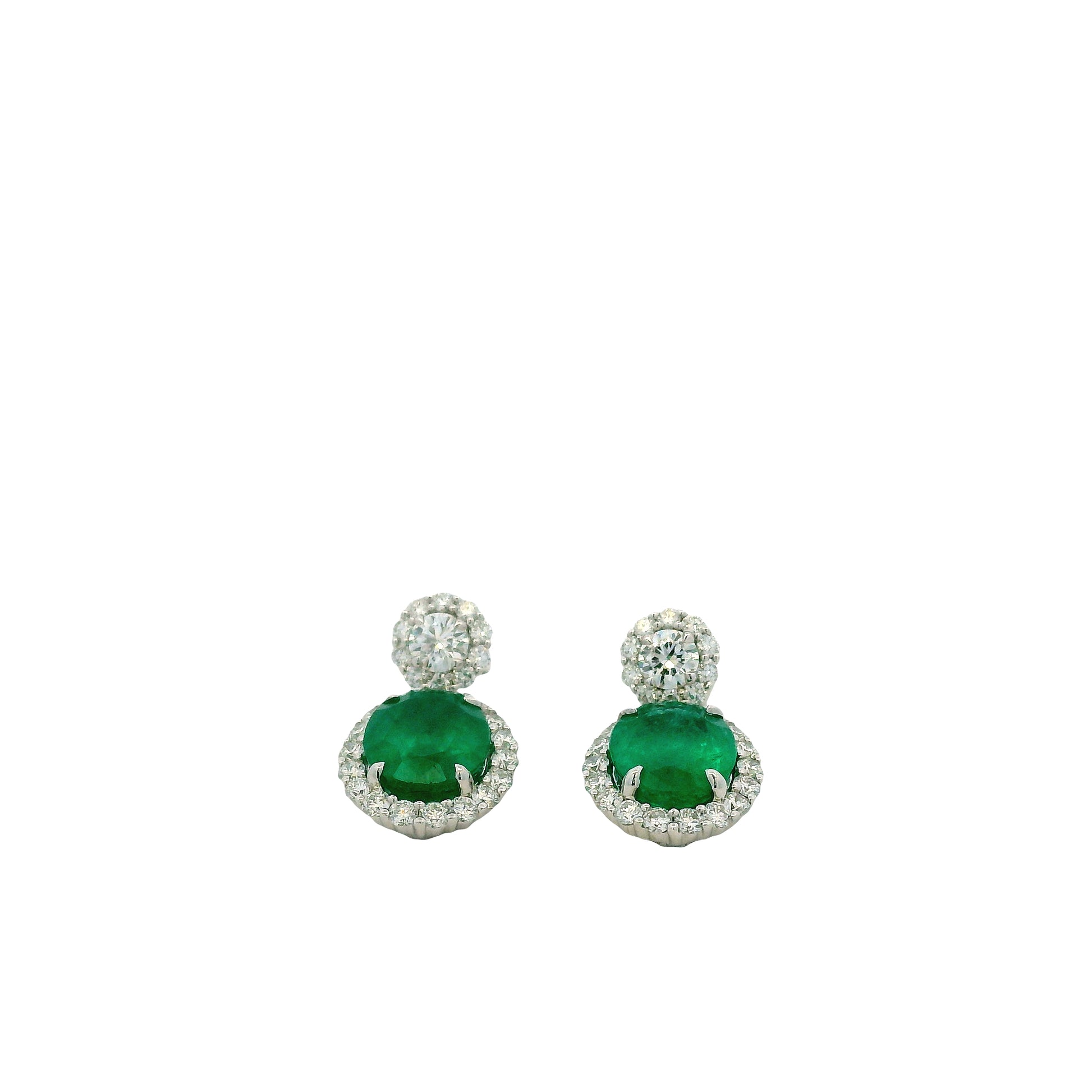 14k White Gold 5.21ctw GIA Certified Natural Green Emerald and Diamond Dangle Earrings — right three-quarter angle