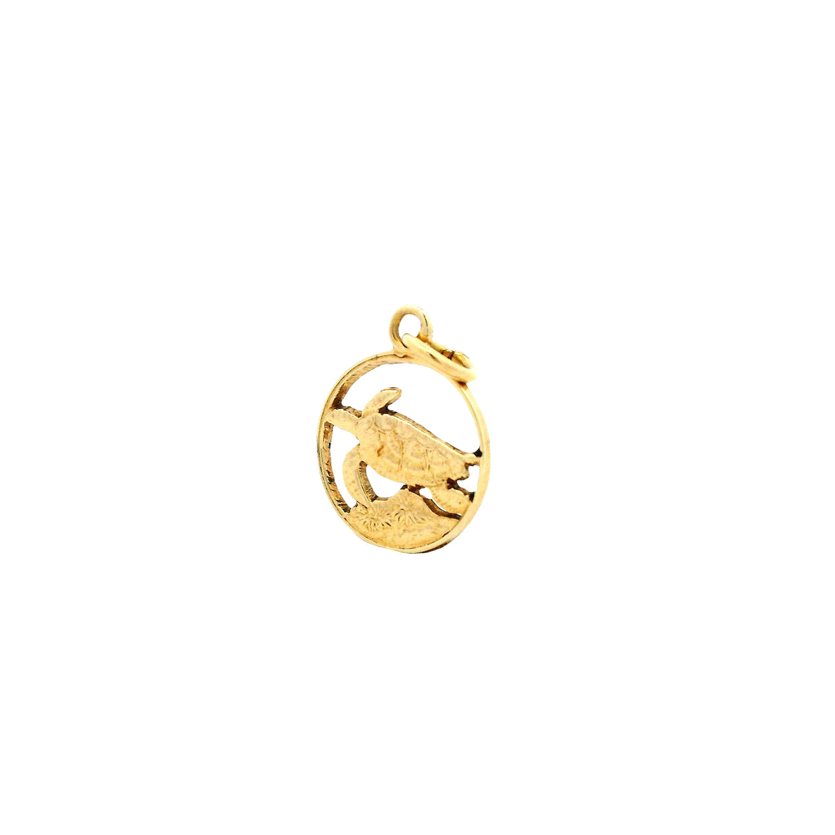 14k Yellow Gold Turtle Charm Pendant in Circular Frame — right three-quarter angle