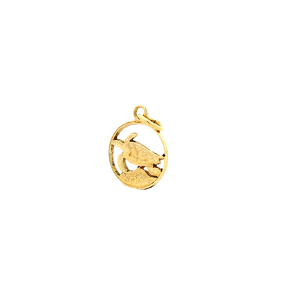 14k Yellow Gold Turtle Charm Pendant in Circular Frame — right three-quarter angle